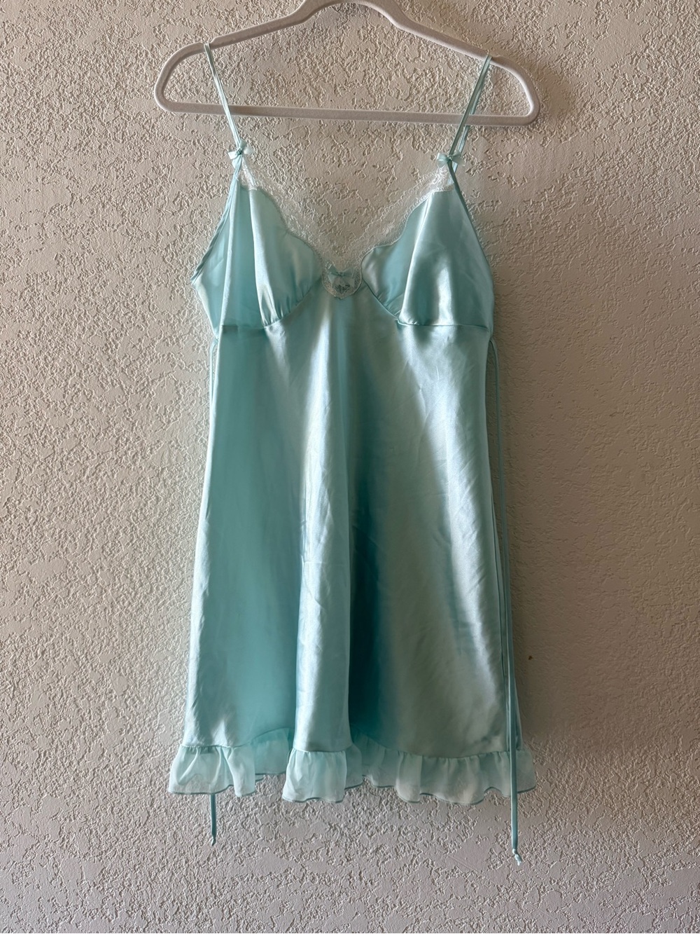 APT. 9 Slip Mint Lace Trim Mini Dress Tiered Ruffle Hem  Waist Tie Sz M